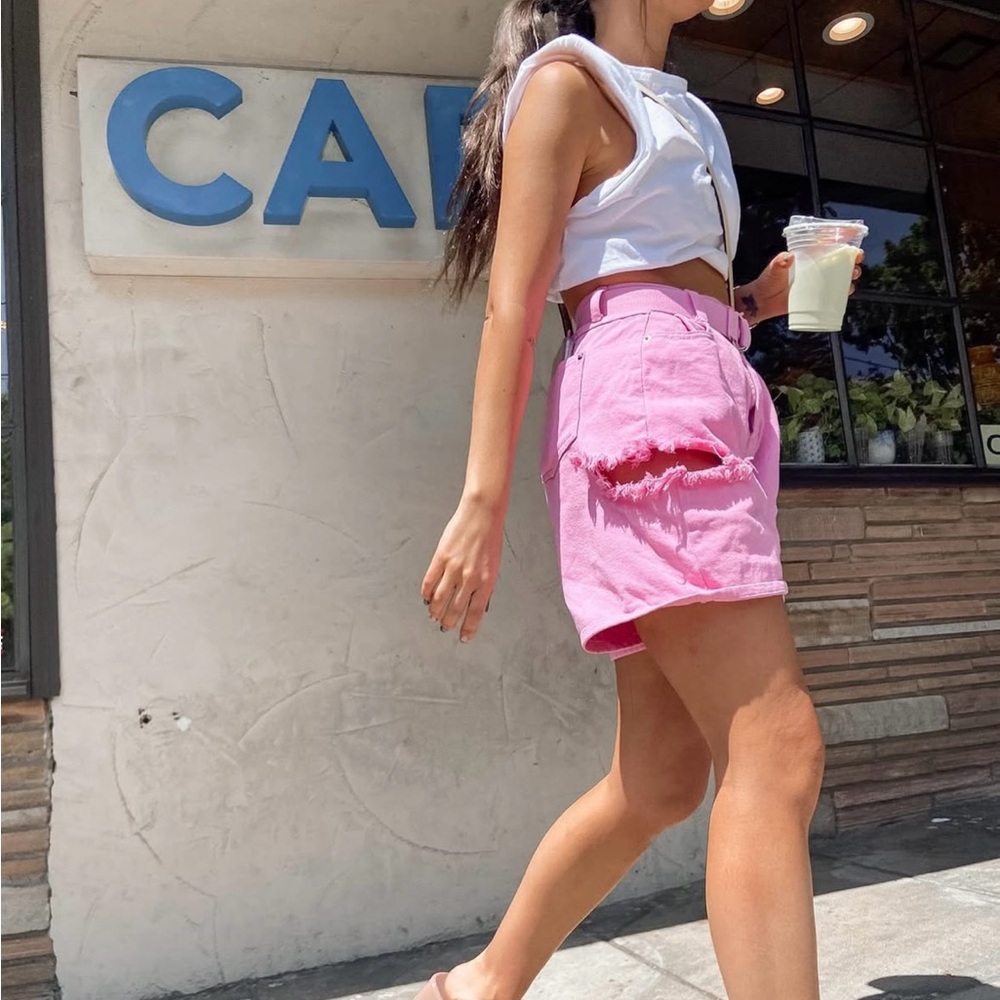 Distressed Pink Jean Shorts